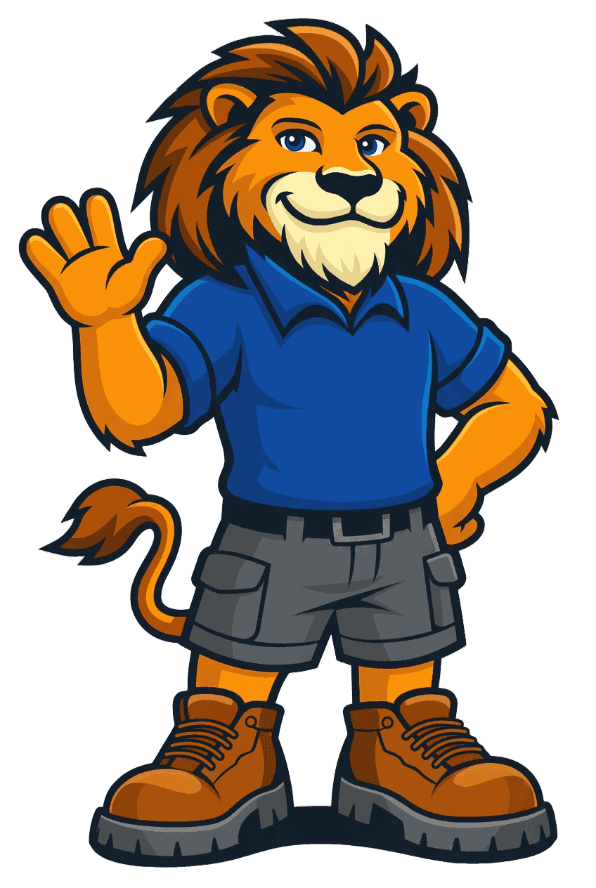 Meet Zion, the Elite Exteriors mascot Zion the friendly lion — Elite Exteriors mascot — waving hello to Floyds Knobs and Southern Indiana homeowners