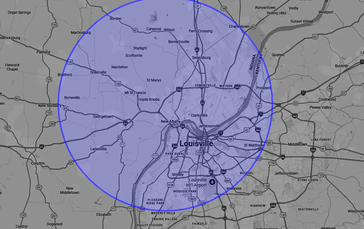 Elite Exteriors Service Area Map Elite Exteriors service area map — 20-mile coverage radius around Floyds Knobs, Indiana including New Albany, Jeffersonville, Clarksville, Sellersburg, Georgetown, Greenville and Charlestown